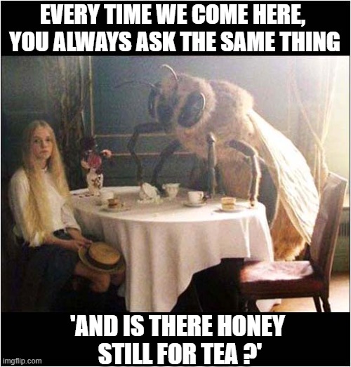 Taking Your Bee Friend To A Cafe | EVERY TIME WE COME HERE, 
YOU ALWAYS ASK THE SAME THING; 'AND IS THERE HONEY
 STILL FOR TEA ?' | image tagged in bees,cafe,poetry,rupert brooke | made w/ Imgflip meme maker