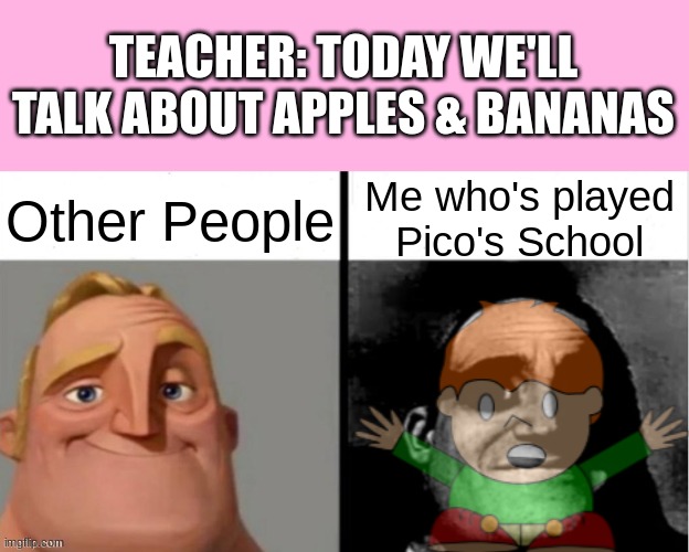 Who Else played this | TEACHER: TODAY WE'LL TALK ABOUT APPLES & BANANAS; Other People; Me who's played Pico's School | image tagged in people who don't know vs people who know,pico,pico's school,school,video games,hold up | made w/ Imgflip meme maker