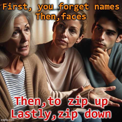 Aging stages | First, you forget names
Then,faces; Then,to zip up
Lastly,zip down | image tagged in older woman explains something important,faces,names | made w/ Imgflip meme maker