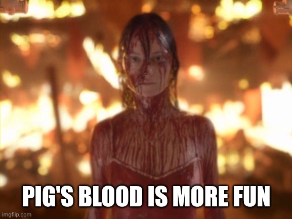 Carrie White (2002) in pig's blood | PIG'S BLOOD IS MORE FUN | image tagged in carrie white 2002 in pig's blood | made w/ Imgflip meme maker