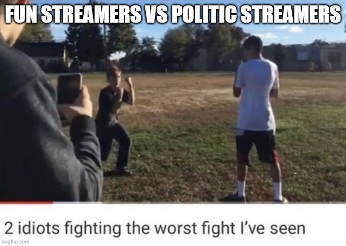 two idiots fighting | FUN STREAMERS VS POLITIC STREAMERS | image tagged in two idiots fighting | made w/ Imgflip meme maker