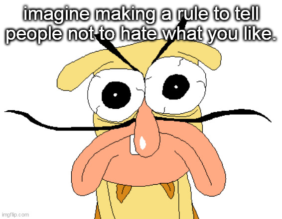 Angry Noise | imagine making a rule to tell people not to hate what you like. | image tagged in angry noise | made w/ Imgflip meme maker