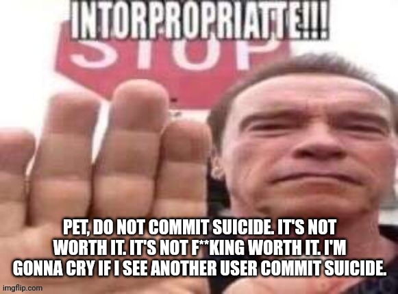 intorpropriatte | PET, DO NOT COMMIT SUICIDE. IT'S NOT WORTH IT. IT'S NOT F**KING WORTH IT. I'M GONNA CRY IF I SEE ANOTHER USER COMMIT SUICIDE. | image tagged in intorpropriatte | made w/ Imgflip meme maker