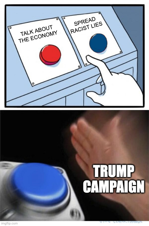 Two buttons - Spread Racist lies | SPREAD RACIST LIES; TALK ABOUT THE ECONOMY; TRUMP CAMPAIGN | image tagged in two buttons 1 blue | made w/ Imgflip meme maker