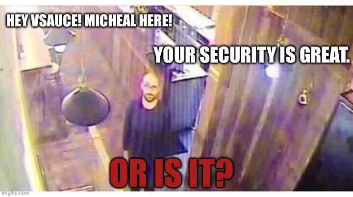 vsauce looking at camera | HEY VSAUCE! MICHEAL HERE! YOUR SECURITY IS GREAT. OR IS IT? | image tagged in vsauce looking at camera | made w/ Imgflip meme maker