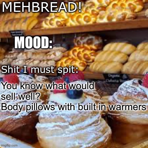 Breadnouncment 3.0 | You know what would sell well?
Body pillows with built in warmers | image tagged in breadnouncment 3 0 | made w/ Imgflip meme maker