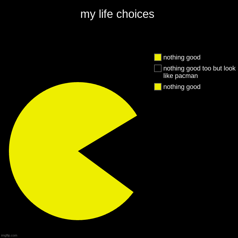 my life choices | nothing good, nothing good too but look like pacman, nothing good | image tagged in charts,pie charts | made w/ Imgflip chart maker