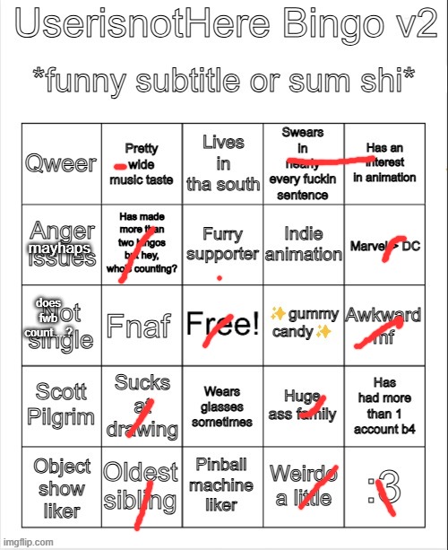 UserisnotHere Bingo v2 | mayhaps; does fwb count....? | image tagged in userisnothere bingo v2 | made w/ Imgflip meme maker