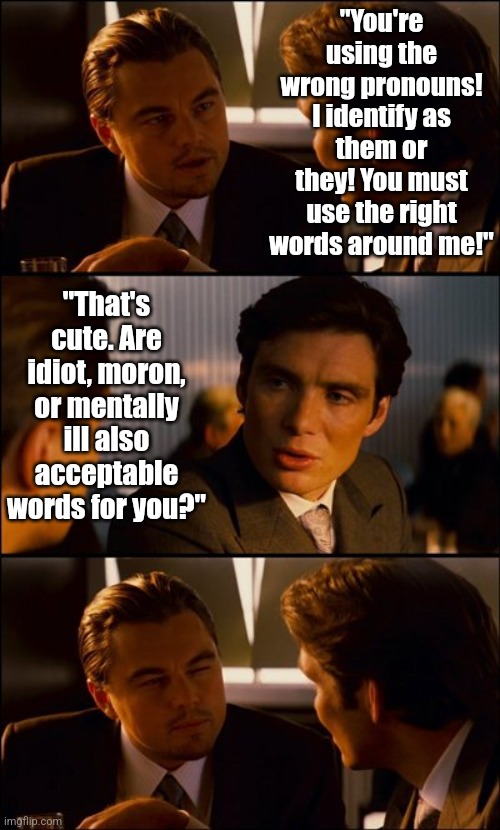 Funny thing about conversations, you don't get to control what the OTHER PEOPLE GET TO SAY. | "You're using the wrong pronouns! I identify as them or they! You must use the right words around me!"; "That's cute. Are idiot, moron, or mentally ill also acceptable words for you?" | image tagged in conversation,snowflakes,modern problems require modern solutions,get over it,stupid liberals,liberal hypocrisy | made w/ Imgflip meme maker