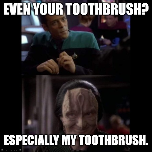 Bashir Garak Even Especially | EVEN YOUR TOOTHBRUSH? ESPECIALLY MY TOOTHBRUSH. | image tagged in bashir garak even especially | made w/ Imgflip meme maker