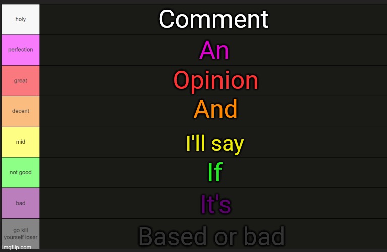 Ayden's tier list | Comment; An; Opinion; And; I'll say; If; It's; Based or bad | image tagged in ayden's tier list | made w/ Imgflip meme maker