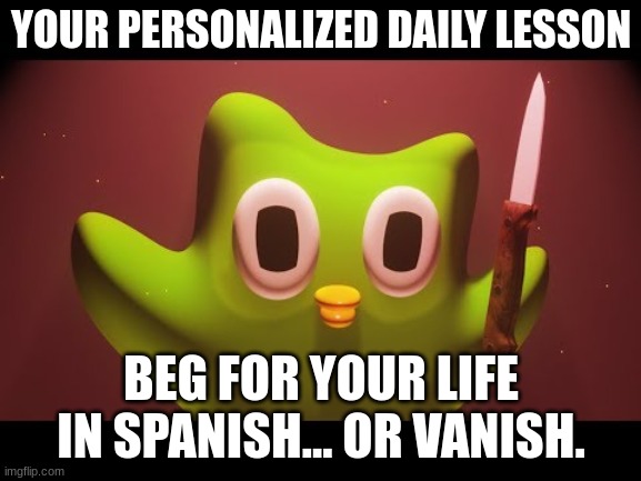 Duo's personalized daily lesson | YOUR PERSONALIZED DAILY LESSON; BEG FOR YOUR LIFE IN SPANISH... OR VANISH. | image tagged in duolingo evil | made w/ Imgflip meme maker