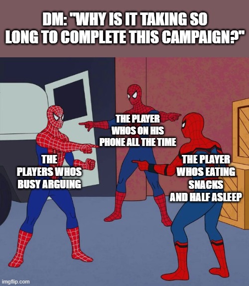 Sigh... I wonder why... -_- | DM: "WHY IS IT TAKING SO LONG TO COMPLETE THIS CAMPAIGN?"; THE PLAYER WHOS ON HIS PHONE ALL THE TIME; THE PLAYERS WHOS BUSY ARGUING; THE PLAYER WHOS EATING SNACKS AND HALF ASLEEP | image tagged in spider man triple,dungeons and dragons,player,funny,memes,dank memes | made w/ Imgflip meme maker