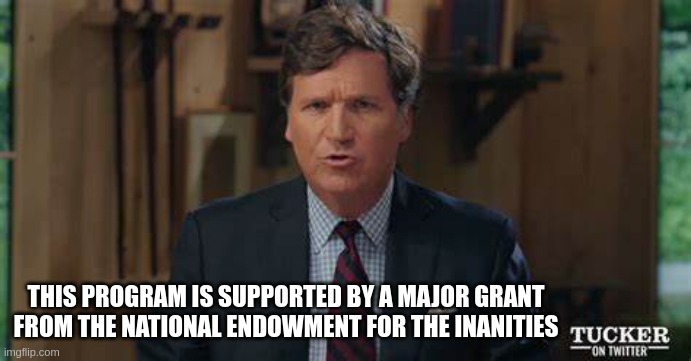 Tucker on Twitter | THIS PROGRAM IS SUPPORTED BY A MAJOR GRANT FROM THE NATIONAL ENDOWMENT FOR THE INANITIES | image tagged in tucker carlson | made w/ Imgflip meme maker