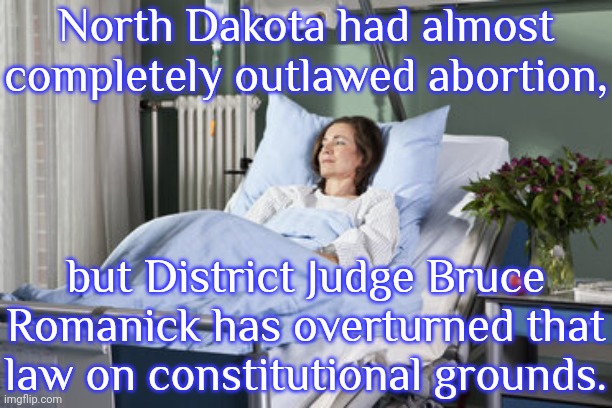 Places that were closed because of the law can now reopen. | North Dakota had almost completely outlawed abortion, but District Judge Bruce Romanick has overturned that law on constitutional grounds. | image tagged in woman,human rights,health care | made w/ Imgflip meme maker