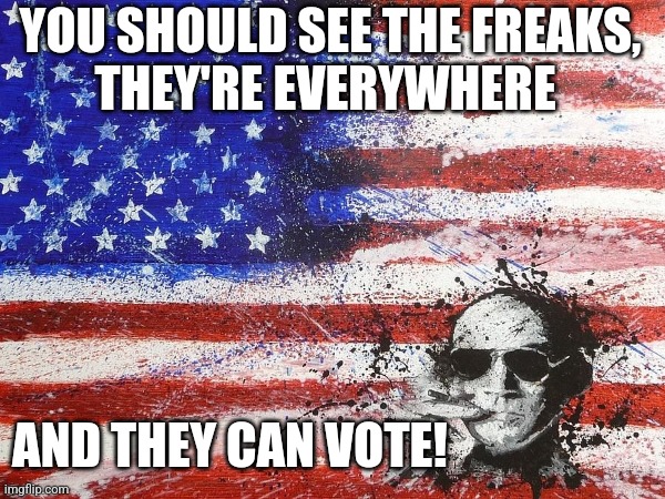 YOU SHOULD SEE THE FREAKS,
THEY'RE EVERYWHERE; AND THEY CAN VOTE! | made w/ Imgflip meme maker