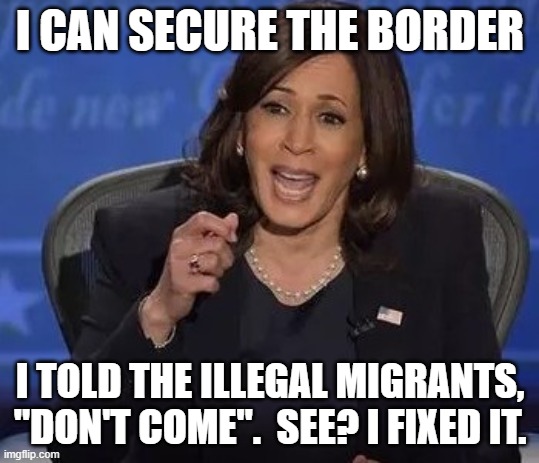 Kamala Harris | I CAN SECURE THE BORDER I TOLD THE ILLEGAL MIGRANTS, "DON'T COME".  SEE? I FIXED IT. | image tagged in kamala harris | made w/ Imgflip meme maker