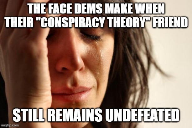 First World Problems Meme | THE FACE DEMS MAKE WHEN THEIR "CONSPIRACY THEORY" FRIEND STILL REMAINS UNDEFEATED | image tagged in memes,first world problems | made w/ Imgflip meme maker