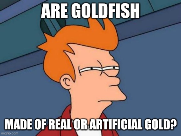 GoldFish Conspiracy | ARE GOLDFISH; MADE OF REAL OR ARTIFICIAL GOLD? | image tagged in memes,futurama fry | made w/ Imgflip meme maker