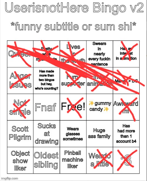 This is how bingo works, right? (Ashley's note: no) | image tagged in userisnothere bingo v2 | made w/ Imgflip meme maker