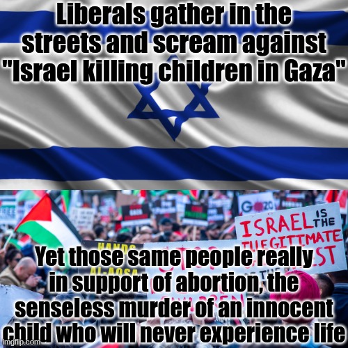 "Israel is genocidal for killing children" "we have a right to kill our children", what is this hypocrisy? | Liberals gather in the streets and scream against "Israel killing children in Gaza"; Yet those same people really in support of abortion, the senseless murder of an innocent child who will never experience life | image tagged in stupid palestinians protesting,israel,abortion is murder,liberals | made w/ Imgflip meme maker