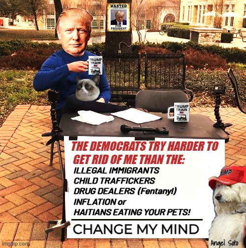 Democrats try to get rid of Trump change my mind | THE DEMOCRATS TRY HARDER TO 
GET RID OF ME THAN THE:; ILLEGAL IMMIGRANTS
CHILD TRAFFICKERS
DRUG DEALERS  (Fentanyl)
INFLATION or
HAITIANS EATING YOUR PETS! Angel Soto | image tagged in democrats trying to get rid of trump change my mind,donald trump,democrats,change my mind,illegal immigrants,inflation | made w/ Imgflip meme maker