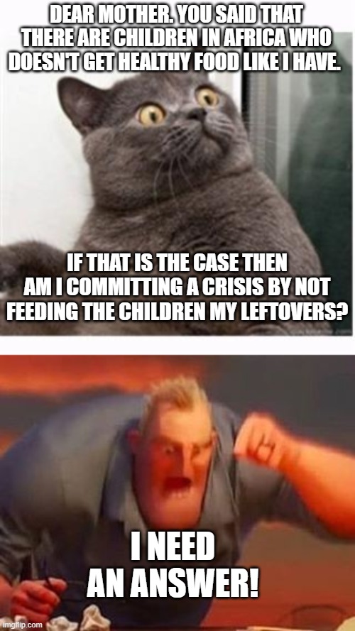 If you eat your veggies because the children of africa | DEAR MOTHER. YOU SAID THAT THERE ARE CHILDREN IN AFRICA WHO DOESN'T GET HEALTHY FOOD LIKE I HAVE. IF THAT IS THE CASE THEN AM I COMMITTING A CRISIS BY NOT FEEDING THE CHILDREN MY LEFTOVERS? I NEED AN ANSWER! | image tagged in conspiracy cat,mr incredible mad | made w/ Imgflip meme maker