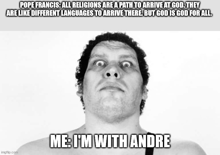 I'm With Andre | POPE FRANCIS: ALL RELIGIONS ARE A PATH TO ARRIVE AT GOD. THEY ARE LIKE DIFFERENT LANGUAGES TO ARRIVE THERE. BUT GOD IS GOD FOR ALL. ME: I'M WITH ANDRE | image tagged in andre the giant | made w/ Imgflip meme maker