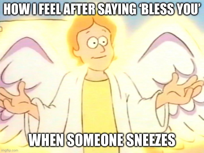 Holy Toonbriel | HOW I FEEL AFTER SAYING ‘BLESS YOU’; WHEN SOMEONE SNEEZES | image tagged in angel,blessed | made w/ Imgflip meme maker