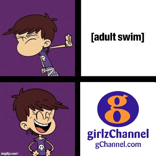 Luna Prefers girlzChannel Over [adult swim] | image tagged in luna loud disagree and agree,the loud house,nickelodeon,disney,family guy,the simpsons | made w/ Imgflip meme maker