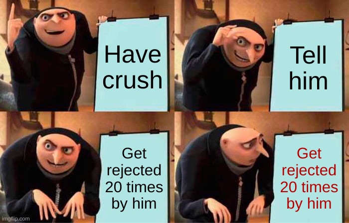 *sigh* relatable | Have crush; Tell him; Get rejected 20 times by him; Get rejected 20 times by him | image tagged in memes,gru's plan | made w/ Imgflip meme maker