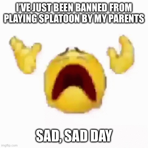 As far as I know I’m banned until I leave their house for college. | I’VE JUST BEEN BANNED FROM PLAYING SPLATOON BY MY PARENTS; SAD, SAD DAY | image tagged in disintegrating emoji | made w/ Imgflip meme maker