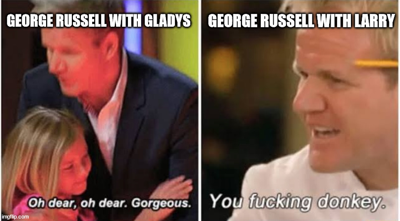 George Russell with his kids | GEORGE RUSSELL WITH LARRY; GEORGE RUSSELL WITH GLADYS | image tagged in gordon ramsay kids vs adults | made w/ Imgflip meme maker