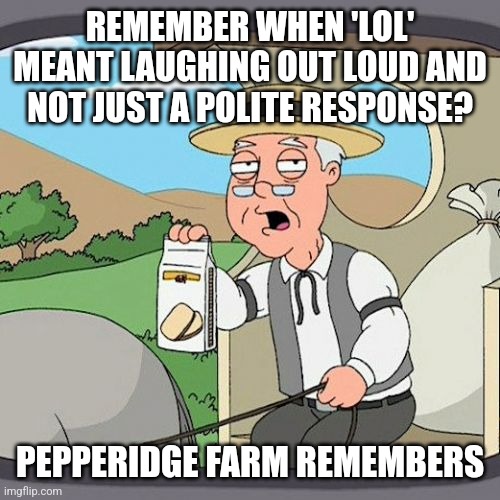 Pepperidge Farm Remembers Meme | REMEMBER WHEN 'LOL' MEANT LAUGHING OUT LOUD AND NOT JUST A POLITE RESPONSE? PEPPERIDGE FARM REMEMBERS | image tagged in memes,pepperidge farm remembers | made w/ Imgflip meme maker