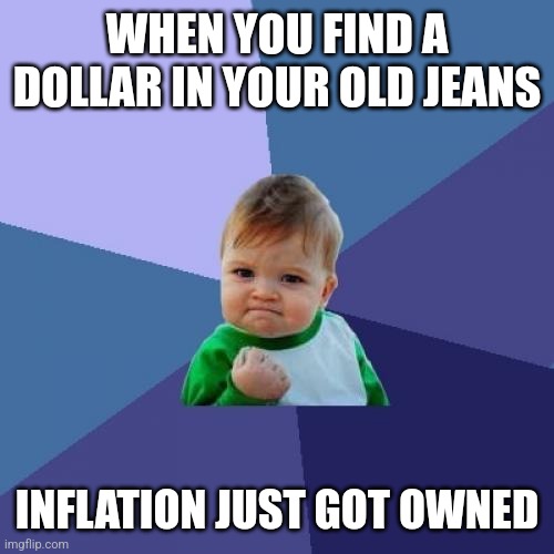 Success Kid | WHEN YOU FIND A DOLLAR IN YOUR OLD JEANS; INFLATION JUST GOT OWNED | image tagged in memes,success kid | made w/ Imgflip meme maker