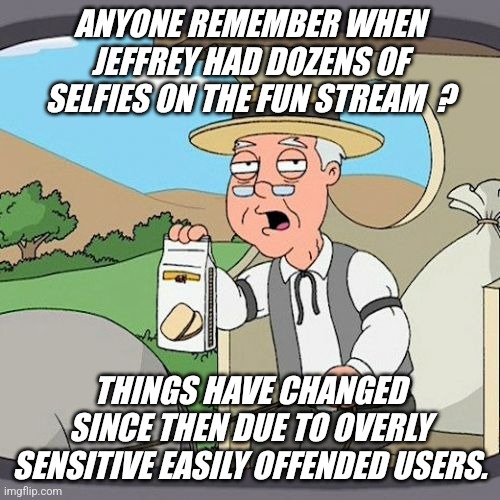 Maybe you remember ? | ANYONE REMEMBER WHEN JEFFREY HAD DOZENS OF SELFIES ON THE FUN STREAM  ? THINGS HAVE CHANGED SINCE THEN DUE TO OVERLY SENSITIVE EASILY OFFENDED USERS. | image tagged in memes,pepperidge farm remembers | made w/ Imgflip meme maker