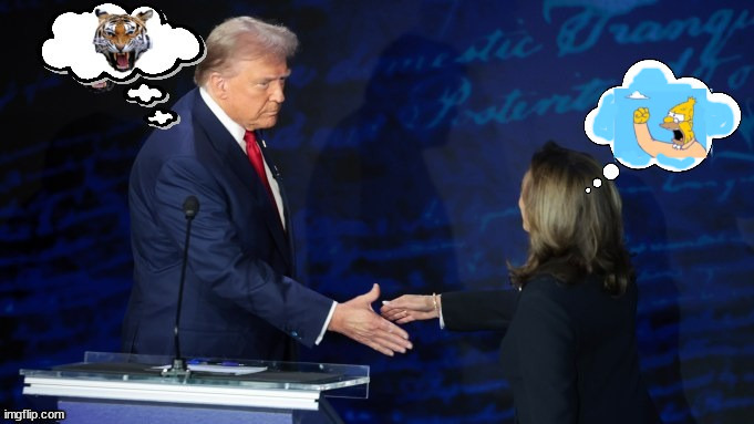 Pre-Debate Premonition | image tagged in trump harris debate,lady or tiger,old man yells at cloud,simpsons,premonition,cat food | made w/ Imgflip meme maker