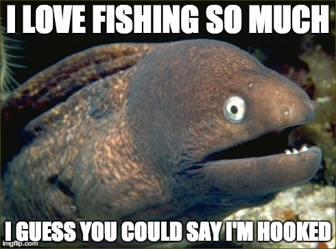 Bad Joke Eel Meme | I LOVE FISHING SO MUCH I GUESS YOU COULD SAY I'M HOOKED | image tagged in memes,bad joke eel,AdviceAnimals | made w/ Imgflip meme maker