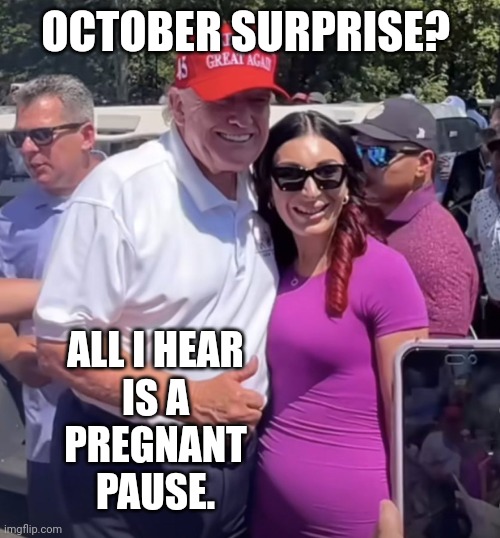 October surprise may bring April (baby) showers | OCTOBER SURPRISE? ALL I HEAR
IS A
PREGNANT
PAUSE. | image tagged in trump loomer tumor,donald trump,melania trump,pregnant | made w/ Imgflip meme maker