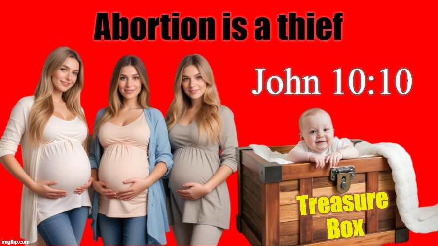 Abortion Steals | Abortion is a thief; John 10:10; Treasure
Box | image tagged in abortion is murder,abortion,prolife,pregnant woman,babies,theif murderer | made w/ Imgflip meme maker