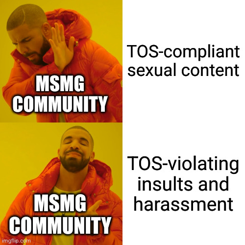 Drake Hotline Bling | TOS-compliant sexual content; MSMG COMMUNITY; TOS-violating insults and harassment; MSMG COMMUNITY | image tagged in memes,drake hotline bling | made w/ Imgflip meme maker