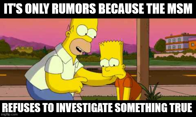 Homer So Far | IT'S ONLY RUMORS BECAUSE THE MSM REFUSES TO INVESTIGATE SOMETHING TRUE | image tagged in homer so far | made w/ Imgflip meme maker