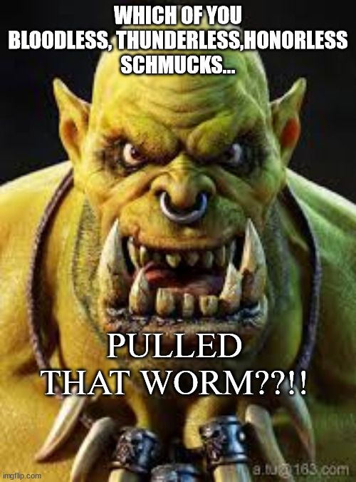 Dungeoning with schmucks | WHICH OF YOU BLOODLESS, THUNDERLESS,HONORLESS SCHMUCKS... PULLED THAT WORM??!! | image tagged in world of warcraft,orc,dungeons,pulling | made w/ Imgflip meme maker