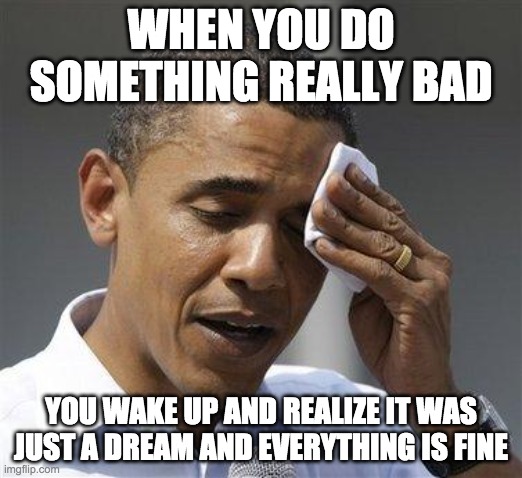 Obama relieved sweat | WHEN YOU DO SOMETHING REALLY BAD; YOU WAKE UP AND REALIZE IT WAS JUST A DREAM AND EVERYTHING IS FINE | image tagged in obama relieved sweat | made w/ Imgflip meme maker