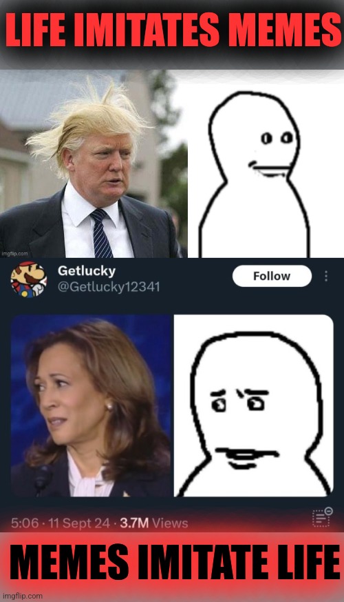 LIFE IMITATES MEMES; MEMES IMITATE LIFE | image tagged in donald trump,kamala harris,life,memes,life imitates art,bro visited his friend | made w/ Imgflip meme maker