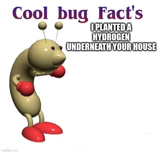 Cool Bug Facts | I PLANTED A HYDROGEN UNDERNEATH YOUR HOUSE | image tagged in cool bug facts | made w/ Imgflip meme maker