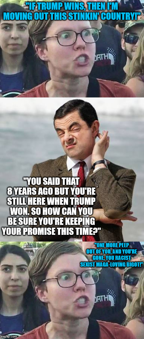 Promise Is a Promise | "IF TRUMP WINS, THEN I'M MOVING OUT THIS STINKIN' COUNTRY!"; "YOU SAID THAT 8 YEARS AGO BUT YOU'RE STILL HERE WHEN TRUMP WON. SO HOW CAN YOU BE SURE YOU'RE KEEPING YOUR PROMISE THIS TIME?"; "ONE MORE PEEP OUT OF YOU, AND YOU'RE GONE, YOU RACIST SEXIST MAGA-LOVING BIGOT!" | image tagged in triggered liberal,mr bean thinking | made w/ Imgflip meme maker