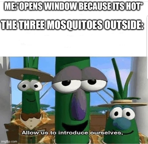 Allow us to introduce ourselves | ME:*OPENS WINDOW BECAUSE ITS HOT*; THE THREE MOSQUITOES OUTSIDE: | image tagged in allow us to introduce ourselves | made w/ Imgflip meme maker