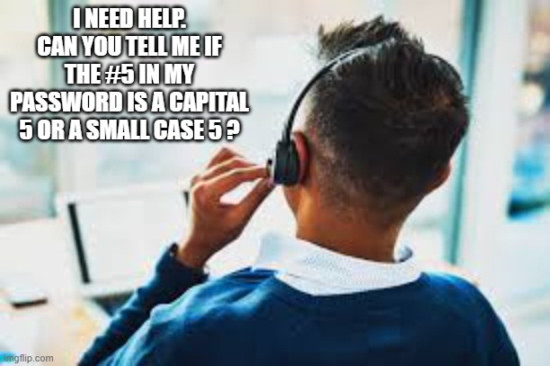 memes by Brad - Tech support: Is the 5 in my password a capital 5 or a small case 5 | I NEED HELP. CAN YOU TELL ME IF THE #5 IN MY PASSWORD IS A CAPITAL 5 OR A SMALL CASE 5 ? | image tagged in funny,gaming,fun,tech support,humor,password | made w/ Imgflip meme maker