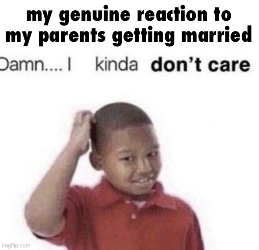 Damn...I kinda don't care | my genuine reaction to my parents getting married | image tagged in damn i kinda don't care | made w/ Imgflip meme maker